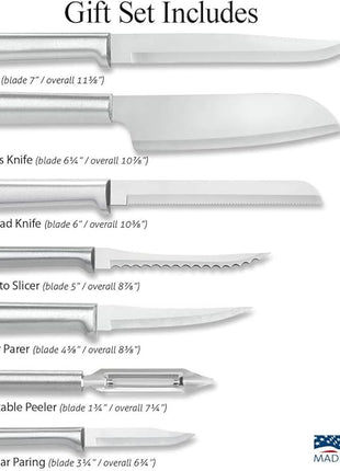 Rada Cutlery 7-piece Starter Knife Gift Set (S38), Stainless Steel Hollow Ground Blades, Made in USA, Silver Handles