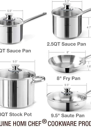 HOMICHEF 14-Piece Nickel Free Stainless Steel Cookware Set - Nickel Free Pots and Pans Set - Non-Toxic, Healthy Induction Cookware