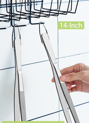 JETKONG 2 Pcs 14-Inch Food Tweezers Stainless Steel Tweezer Tongs Extra-Long Cooking Tweezers (Silver)