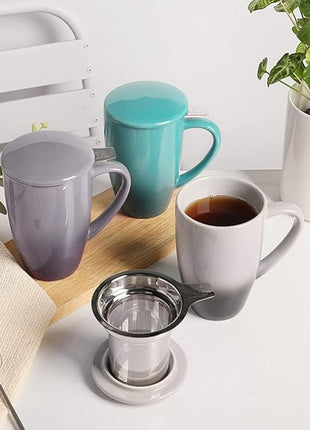 Sweejar Porcelain Tea Mug with Infuser and Lid,Teaware with Filter, Loose Leaf Tea Cup Steeper Maker, 16 Fl Oz for Tea/Coffee/Milk/Women/Office/Home/Gift (Gradient Blue)