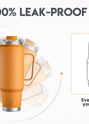 Meoky 40oz Tumbler with Handle, Stainless Steel Travel Mug with 2-in-1 Straw and Sip Lid, Vacuum Insulated Coffee Mug, 100% Leak Proof, Keeps Cold for 34 Hours or Hot for 10 Hours (Maple)