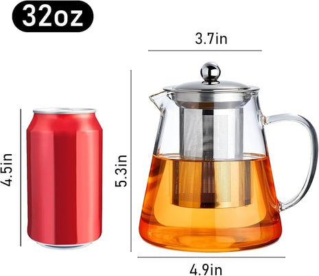 PARACITY Glass Teapot Stovetop 32 OZ, Borosilicate Clear Tea Kettle with Removable 18/8 Stainless Steel Infuser, Teapot Blooming and Loose Leaf Tea Maker Tea Brewer for Camping, Travel (950ML)
