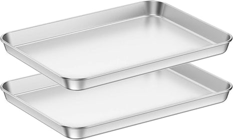 Baking Sheets 2 Pieces, Bastwe Cookie Sheets Set Stainless Steel Baking Pans Toaster Oven Tray Pans, Rectangle Size 12 × 10 × 1 inch, Rustproof & Healthy & Easy Clean & Dishwasher Safe