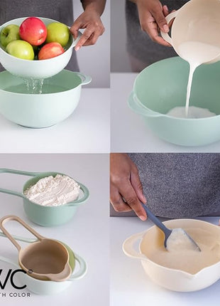 COOK WITH COLOR Nesting Bowls with Measuring Cups Colander and Sifter Set - Includes Mixing Bowls, Colander, Sifter and Measuring Cups, Mint, 8 Pc Bowl