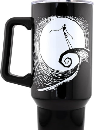 Silver Buffalo Disney Nightmare Before Christmas by Tim Burton Jack Skellington Hill and Moon Drawing Stainless Steel Tumbler with Handle and Straw, Fits in Standard Cup Holder, 40 Ounces
