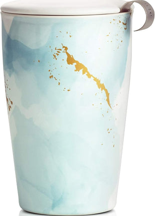 Tea Forte Double-Walled Ceramic Kati Cup, Removable Stainless Steel Infuser Basket and Lid, Steeps 12 oz Loose Leaf Tea, Dishwasher & Microwave Safe, Wellbeing