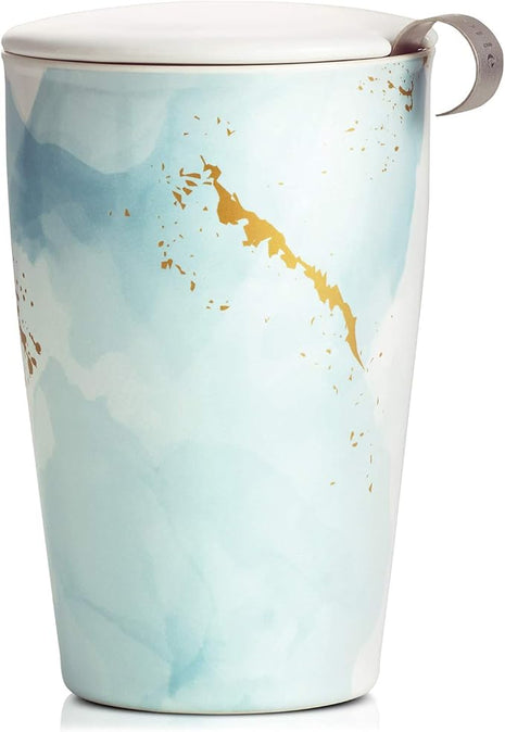 Tea Forte Double-Walled Ceramic Kati Cup, Removable Stainless Steel Infuser Basket and Lid, Steeps 12 oz Loose Leaf Tea, Dishwasher & Microwave Safe, Wellbeing