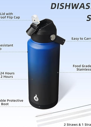BJPKPK Water Bottle with Straw Lid, 32oz Vacuum Insulated Water Bottles, Metal Stainless Steel Thermo for Sports, Travel, BPA Free Leak Proof Thermo, Cups, Flasks, Tumblers,Black Blue