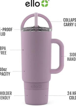 Ello Port 40oz Tumbler with Carry Loop & Integrated Handle, Vacuum Insulated Stainless Steel Reusable Water Bottle, Travel Mug with Leak Proof Lid and Straw, Perfect for Iced Coffee and Tea, Mauve