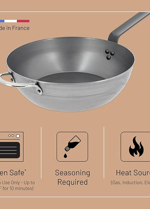 de Buyer MINERAL B Carbon Steel Country Fry Pan - 12.5” Diameter, 8.9” Cooking Surface - Ideal for Sauteing, Simmering, Deep Frying, Stir Frying, One-Pan Meals - PFAS, PFOA, PFOS Free - Made in France