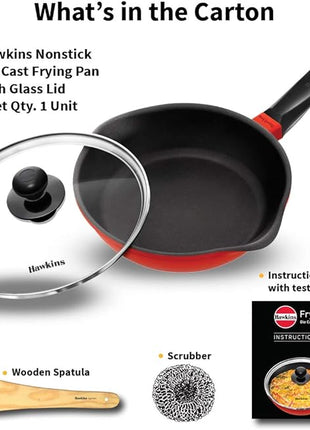 HAWKINS 24 cm Die Cast Induction Compatible Frying Pan with Glass Lid, Red (IDCF24G)