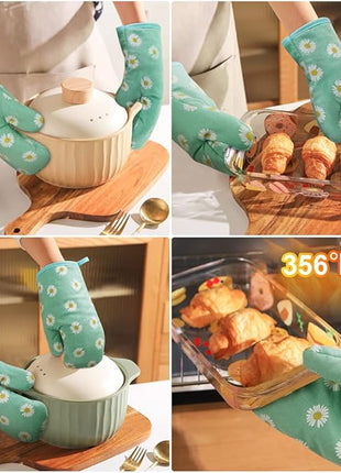 AUAUY Oven Mitts and Potholders, BBQ Gloves Heat Resistant, 1 Pair Oven Mitts and 2 Pot Holders, Cotton Non-Slip Cooking Gloves Home Essentials for Cooking Baking Kitchen Microwave Pizza (Daisy-Green)