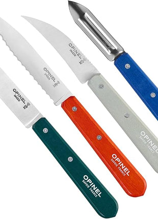 OPINEL Les Essentials - Small Kitchen 4 Piece Set - Paring, Serrated, Vegetable Knife, Peeler - Corrosion Resistant High Carbon Steel - Made in France (Primo)