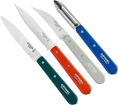 OPINEL Les Essentials - Small Kitchen 4 Piece Set - Paring, Serrated, Vegetable Knife, Peeler - Corrosion Resistant High Carbon Steel - Made in France (Primo)