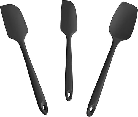 3-Piece Silicone Spatula Scrapers: Doosu 600°F Heat Resistant Food Grade Kitchen BPA Free Rubber Baking Cooking Tool Nonstick Utensil Set for Mixing, Scraping, Folding, Stirring, Serving (Black)