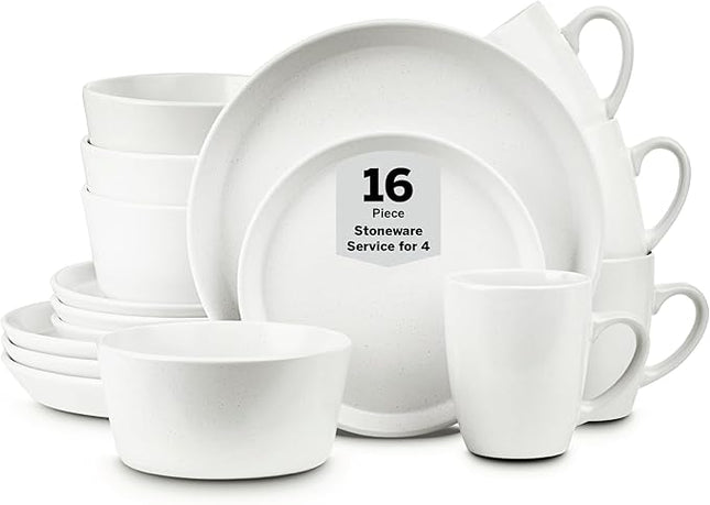 SERVICE FOR 4 - Total of 16 pieces including 8 dinner plates (10”), 4 salad plates (7.5”), 4 bowls (5.75”), and 4 mugs (12 oz), making it the perfect set to service 4 people