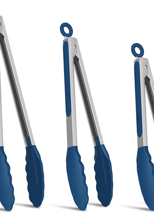 Kitchen Tongs, Set of 3 Stainless Steel Tongs with Silicone Tips Locking Cooking Tongs 600ºF Heat Resistant Tong for Cooking BBQ Grilling Air Fryer Serving Food Salads, 7"+9"+12" Classic Blue
