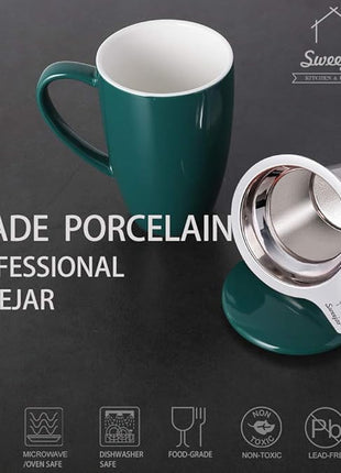 Sweejar Porcelain Tea Infuser Mug with Lid, 16 oz Teacup with Strainers for Loose Leaf Tea, Microwave and Dishwasher Safe Coffee Mug(New Jade)