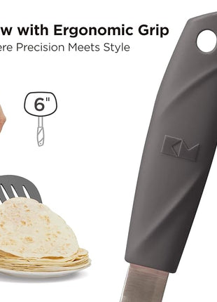 Kitchen Mama WaltzGrip Platinum Silicone Pancake Spatula Turner: Heat Resistant Flexible, Stainless Steel Core, Nonstick, Dishwasher Safe, Flipper – Ideal Kitchen Cookware Egg, Fish, Meat (Metal Gray)