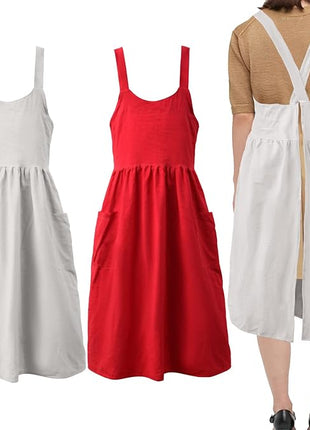 Uaussi Cotton Linen Apron Cross Back Work Apron for Women with Pockets Pinafore Dress X Cross Halter Apron for Chef Gardening
