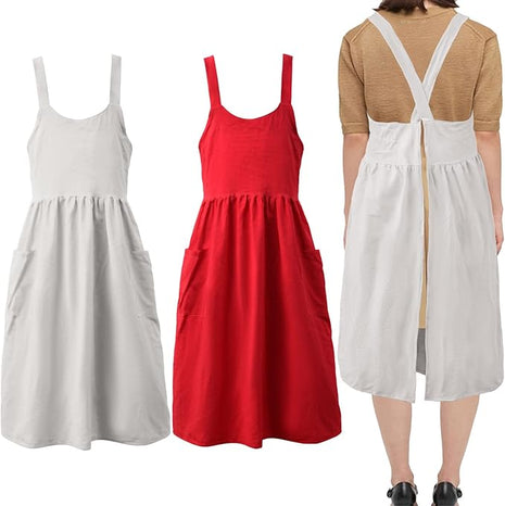 Uaussi Cotton Linen Apron Cross Back Work Apron for Women with Pockets Pinafore Dress X Cross Halter Apron for Chef Gardening