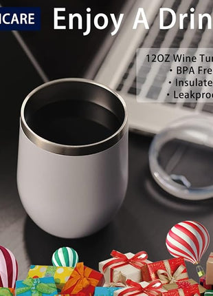 DOMICARE Stainless Steel Wine Tumbler Bulk with Lid, Personalized White Insulated Tumblers Set, 12oz Travel Coffee Cups Pack of 4