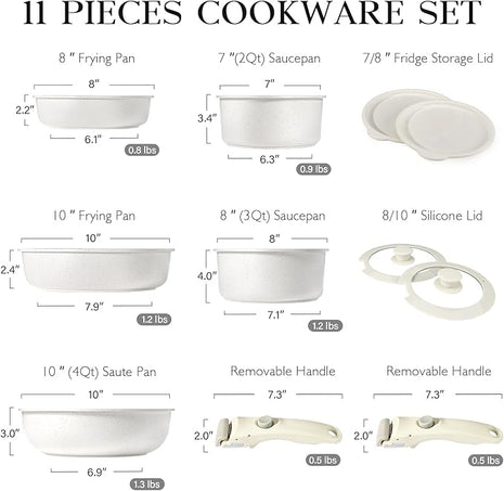 GiPP 11Pcs Pots and Pans Set Non Stick, Cookware Sets Nonstick Detachable Handle, Induction Kitchen Set Removable Handle, RV Cookware set, Oven Safe