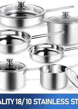 Aufranc 10-Piece Pots and Pans Set, Stainless Steel Cookware Set- Includes Ergonomic Handle Saucepans, Skillets, Dutch Oven, Stockpot, Steamer & More - Premium Pots and Pans for Home Chefs