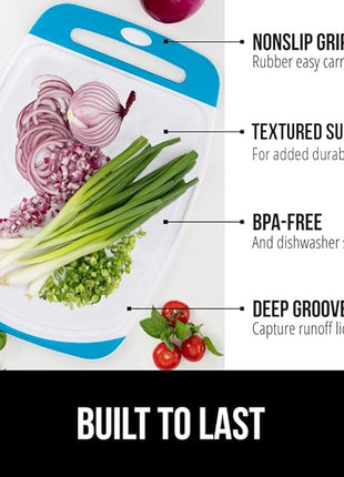 GORILLA GRIP BPA-Free Reversible Kitchen Cutting Board Set of 3, US Designed, Nonporous, Juice Grooves Catch Liquid, Slip Resistant Border, Dishwasher Safe, Durable Large Food Chopping Boards, Aqua