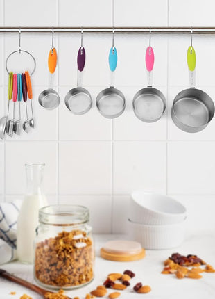 Joyhill Stainless Steel Measuring Cups and Spoons Set of 10 Piece, Nesting Metal Measuring Cups Set with Soft Touch Silicone Handles for Dry and Liquid Ingredients, Cooking & Baking (Colorful)