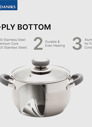 Daniks Modern 6-Piece Stainless Steel Induction Cookware Set – Dishwasher Safe Pots with Heatproof Handles, Glass Lids, Silver