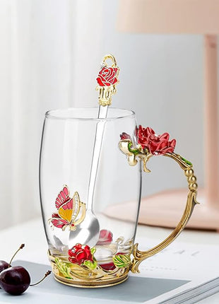 OEAGO Gifts for Women Mom Mothers Tea Cup Best Birthday Butterfly Rose Gifts for Her from Daughter Son Glass Coffee Christmas Enamels Mug Lead-Free with Spoon Set