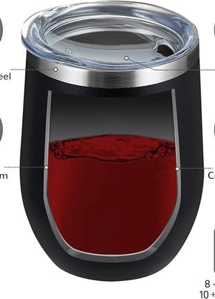 MEWAY 12oz/4 Pack Wine Tumbler Glasses with Lid - Stemless Double Wall Vacuum Stainless Steel Travel Tumbler - Keeping Cold & Hot for Wine,Coffee,Cocktails,Drinks-Family and Gifts (Black,Set of 4)