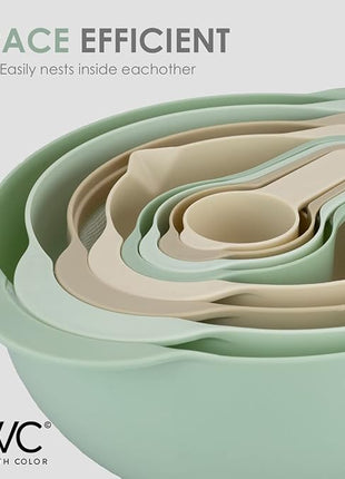 COOK WITH COLOR Nesting Bowls with Measuring Cups Colander and Sifter Set - Includes Mixing Bowls, Colander, Sifter and Measuring Cups, Mint, 8 Pc Bowl