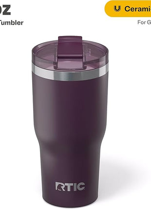 RTIC 30oz Essential Tumbler with Lid, Ceramic Lined, Insulated, Stainless Steel, Metal, Double Wall Vacuum-Insulation, Travel Cup for Iced Coffee, Tea, Hot and Cold Drink, Plum