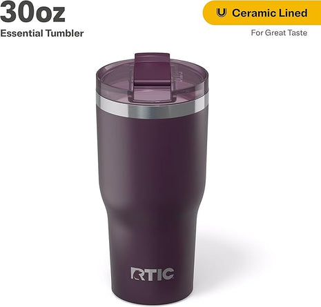 RTIC 30oz Essential Tumbler with Lid, Ceramic Lined, Insulated, Stainless Steel, Metal, Double Wall Vacuum-Insulation, Travel Cup for Iced Coffee, Tea, Hot and Cold Drink, Plum