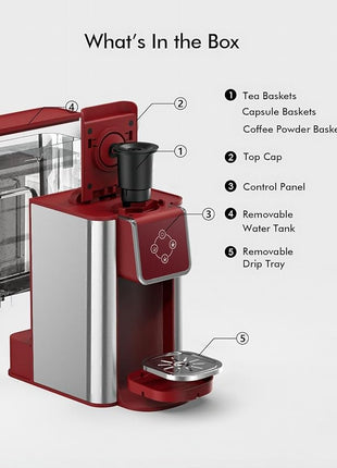 Single Serve Coffee Maker - 3-in-1 K Pod Coffee Machine, Ground, Leaf Tea, 50oz Reservoir, Red