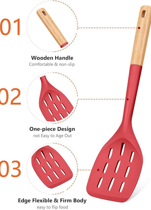 Pack of 2 Silicone Spatula, Non Stick Cooking Utensil Set Wooden Handle Kitchen Turner for Baking Mixing Grilling Serving Food Heat Resistant Non Scratch Hooks Included (Red)