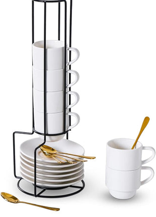 Lareina Porcelain Stackable Espresso Cups with Saucers, Spoons and Metal Stand, 3 Ounce Small Coffee Cups Set of 6 - Ceramic Demitasse Mugs, White