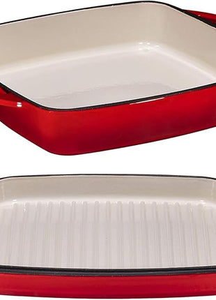 Bruntmor 2-in-1 Square Enameled Cast Iron Dutch Oven Baking Pan and Gridle Lid with Dual Handles, Cast Iron Skillet lid, Coating Gridle for Baking, Bacon,Steaks - Red