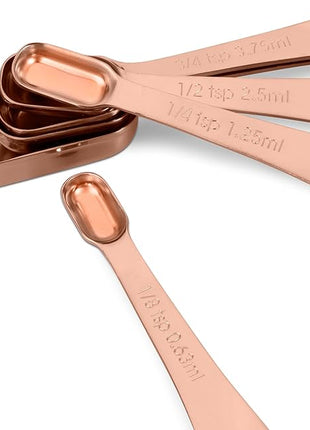 Accurate 18/8 Stainless Steel Measuring Spoons, Heavy Duty Good Handle Set of 6 Measuring Spoon with Ring Connector, Rose Gold