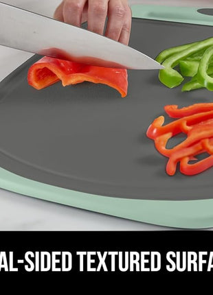 GORILLA GRIP BPA-Free Reversible Kitchen Cutting Board Set of 3, US Designed, Nonporous, Juice Grooves Catch Liquid, Slip Resistant Border, Dishwasher Safe, Durable Food Chopping Boards, Mint Gray