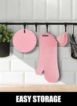 Rorecay 6pcs Oven Mitts and Pot Holders Sets for Kitchen, Extra Long Non-Slip Silicone Oven Gloves Heat Resistant 500 Degrees Potholders Hot Pads for Baking Cooking, Quilted Liner, Pink