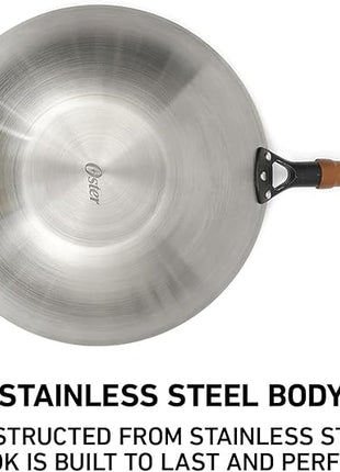 Oster Sangerfield 14-Inch Stainless Steel Wok With Wood Handles, Durable Non-Stick Stir Fry Pan for Gas and Electric Stovetops