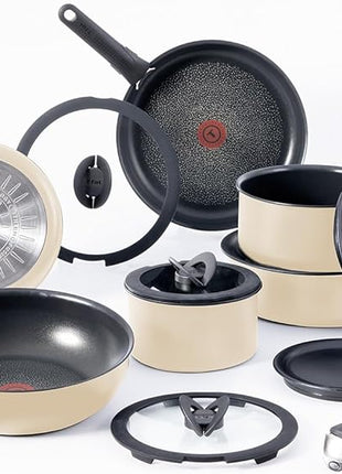 T-fal Ingenio Expertise Non Stick Cookware Set 14 Piece, Induction, Oven Broiler Safe 500F, Stackable Cookware, Pots and Pans, RV, Camping, Fry Pans, Dishwasher Safe, Detachable Handle, French Vanilla
