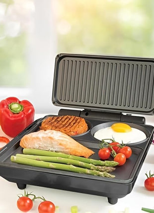 OVENTE Sandwich Maker and Hamburger Grill Machine with Non-Stick Griddle and Griller Plate, 1000W Electric Multipurpose Breakfast Station for Sandwiches, Burgers, Egg Muffin & Pancakes, Black HMG111B