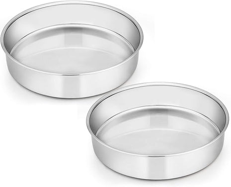 E-far 8 Inch Cake Pan Set of 2, Stainless Steel Round Layer Cake Baking Pans, Non-Toxic & Healthy, Mirror Finish & Dishwasher Safe
