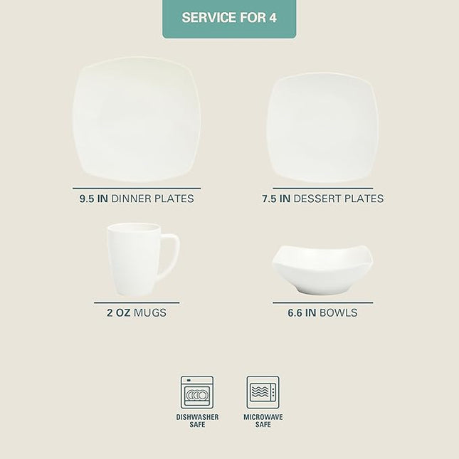 Gibson Home Zen Buffet Porcelain Chip and Scratch Resistant Dinnerware Plates, Bowls, and Mugs Set, Service for 4 (16pcs), White (Square Dishes)