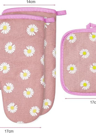 AUAUY Oven Mitts and Potholders, BBQ Gloves Heat Resistant, 1 Pair Oven Mitts and 2 Pot Holders, Cotton Non-Slip Cooking Gloves for Cooking Baking Kitchen Microwave Pizza(Daisy-Pink)