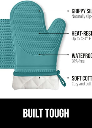 GORILLA GRIP BPA-Free Soft Silicone Oven Mitts and Pot Holders Sets, Heat Resistant Waterproof Cooking Gloves, Thick Cotton Lining, Flexible Gripping for Baking Grilling, Kitchen Trivets, Turquoise